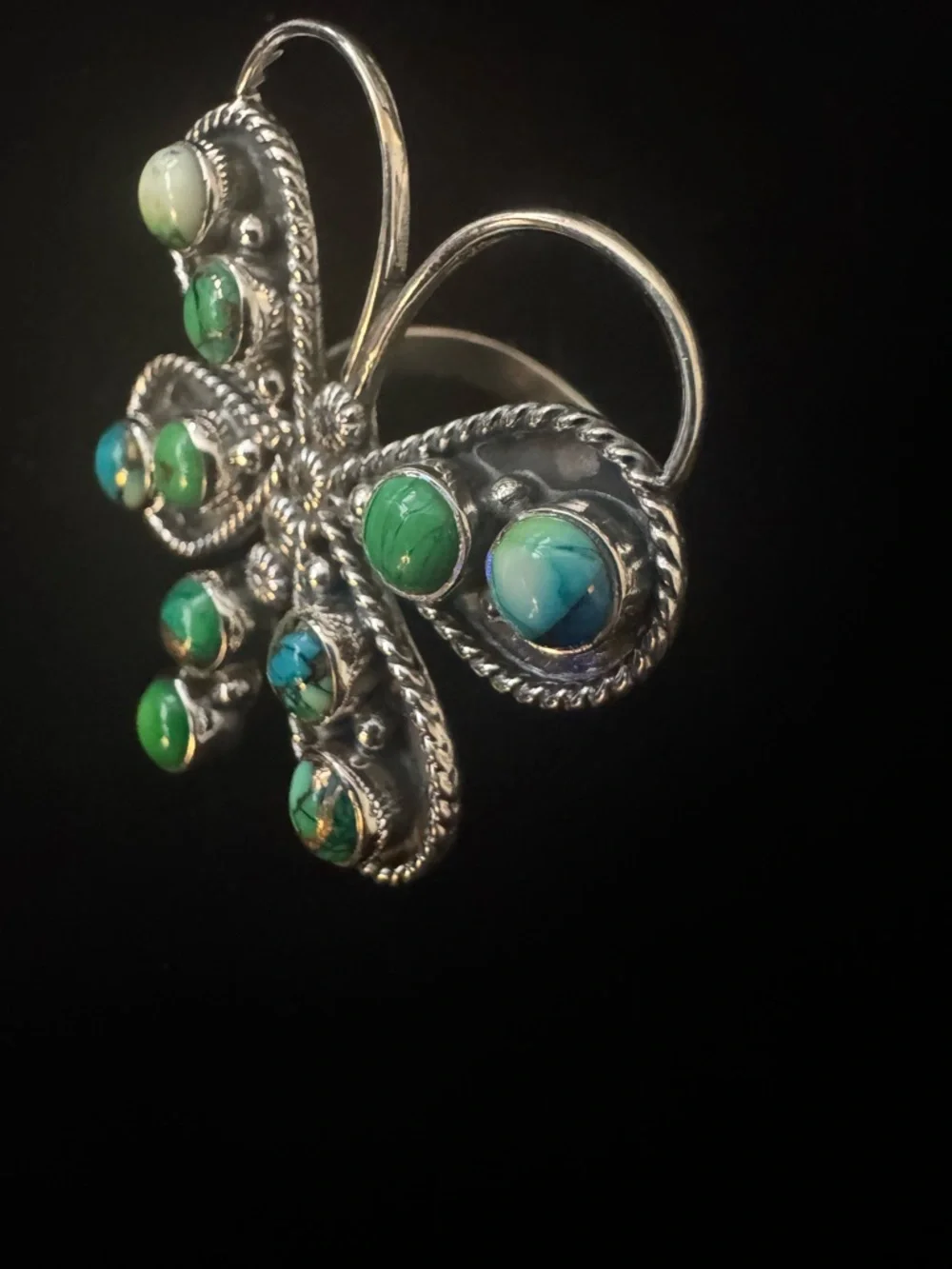Sterling Silver Kingman‎ Turquoise Green Butterfly statement ring